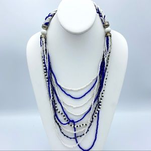 Vintage 1980s Blue & White Braided Seed Bead Tribal Inspired Statement Necklace